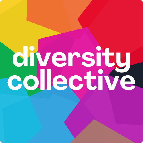 Colorful geometric shapes background with the text "diversity collective" in white lowercase letters centered on the image.