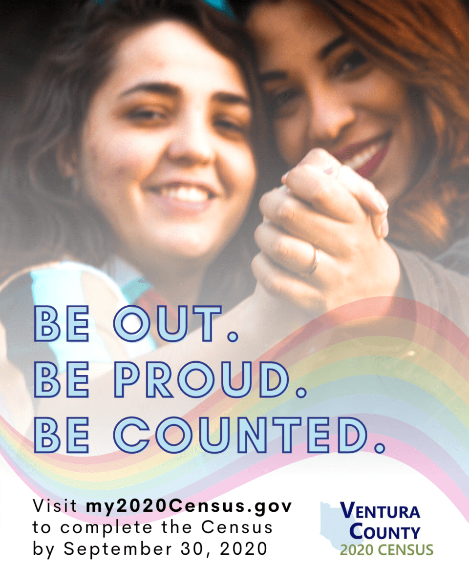 Two smiling individuals embracing with a message encouraging participation in the ventura county 2020 census.
