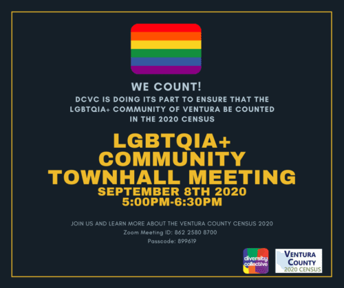 Event poster for an lgbtqia+ community town hall meeting on september 8th, discussing participation in the 2020 census.