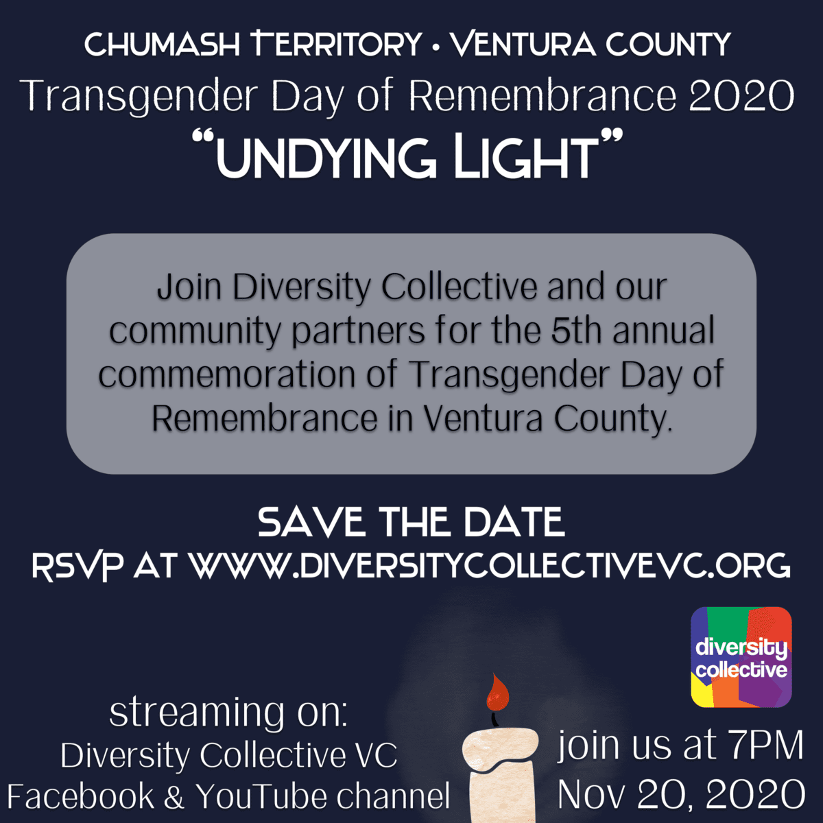 Promotional graphic for the 5th annual transgenura day event titled "undying light" by diversify collective, with a candle symbol, scheduled for november 20, 2020, including rsvp and streaming information.