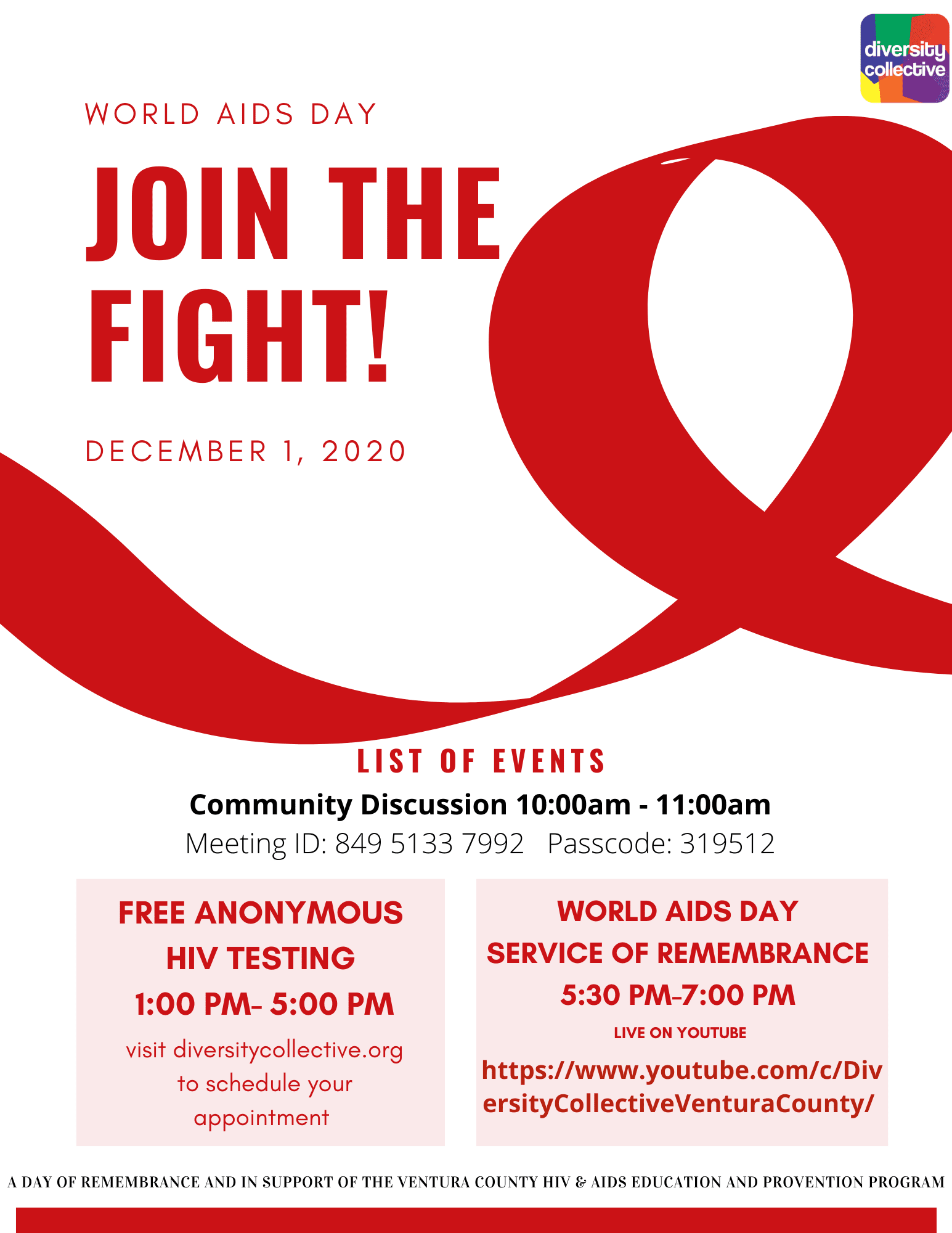 Red poster for world aids day on december 1, 2020, promoting awareness, offering free hiv testing, and providing details for a discussion event.