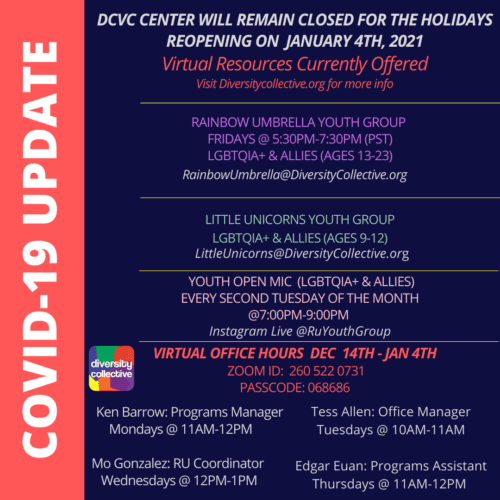 Covid-19 update: virtual resources and support group schedule from the dcvc center, including rainbow umbrella, lgbtq+ allies, and office hours information.