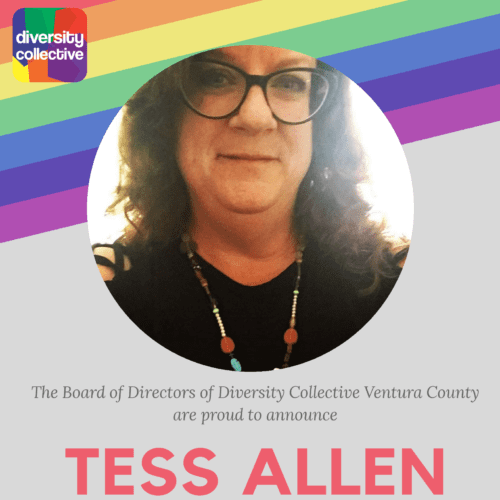 Promotional graphic introducing tess allen as a member of the board of directors for diversity collective ventura county.