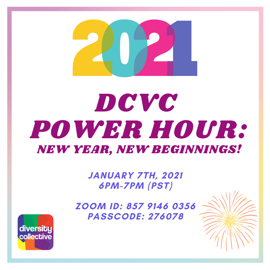 Promotional graphic for dcvc power hour event titled 'new year, new beginnings!' held on january 7th, 2021, with zoom meeting details included.