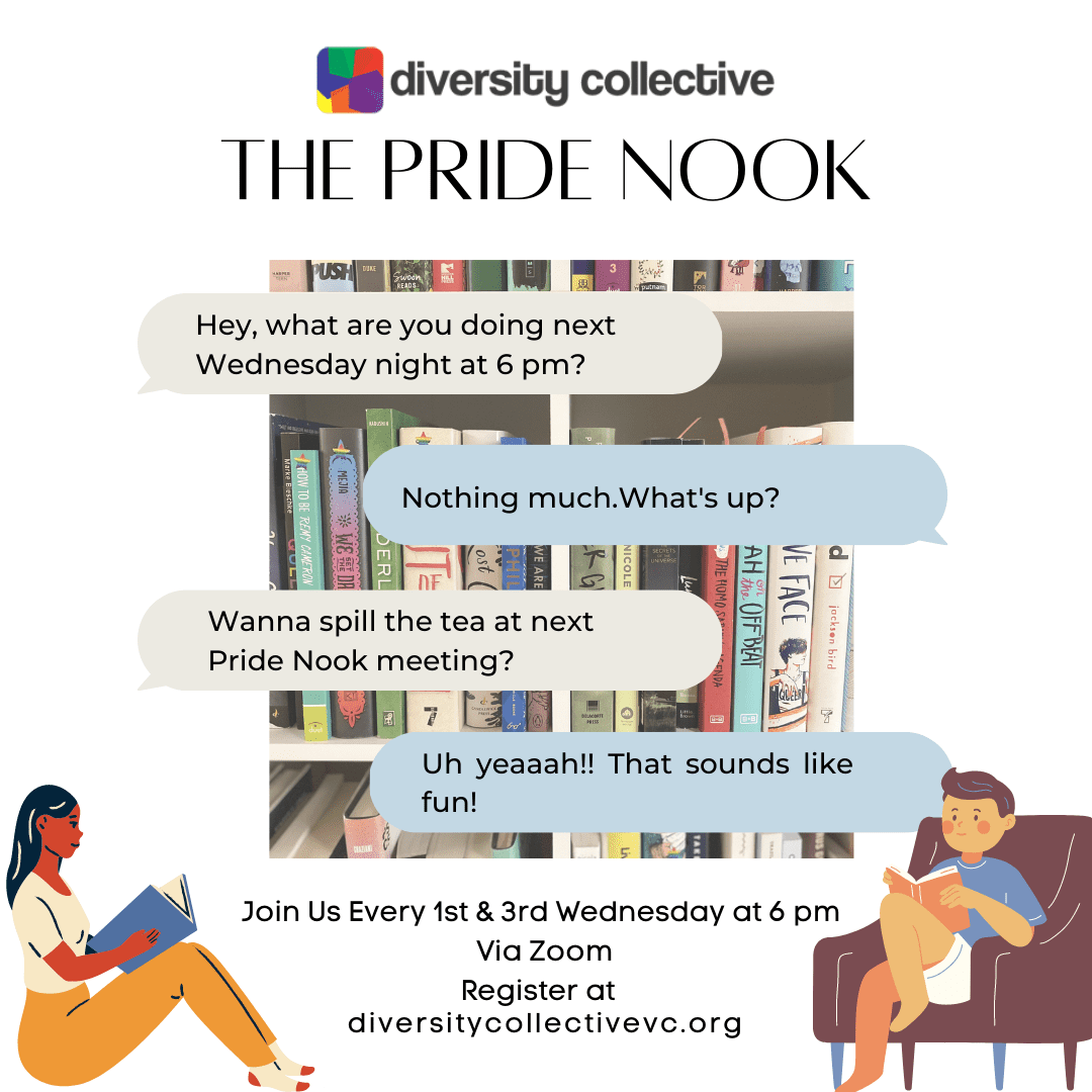 A picture of the Pride Nook flyer that shows two people reading books. Join us every 1st & 3rd Wednesday from 6-7PM
