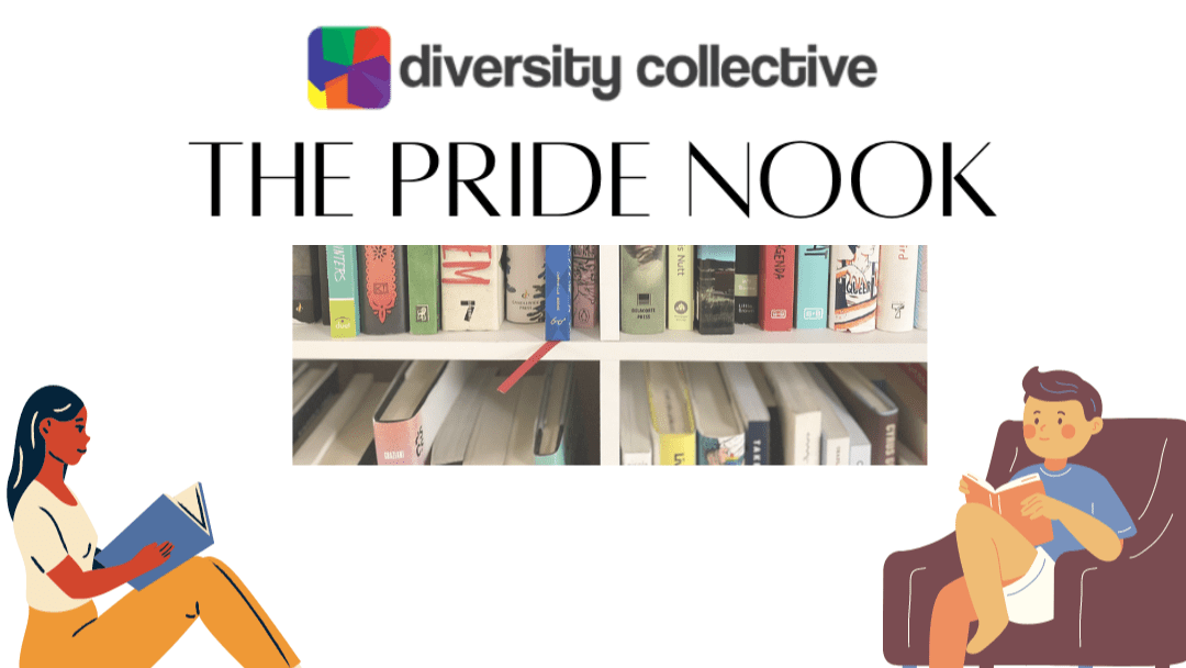 Library section dedicated to lgbtq+ literature, named "the pride nook," with readers engaged in books.