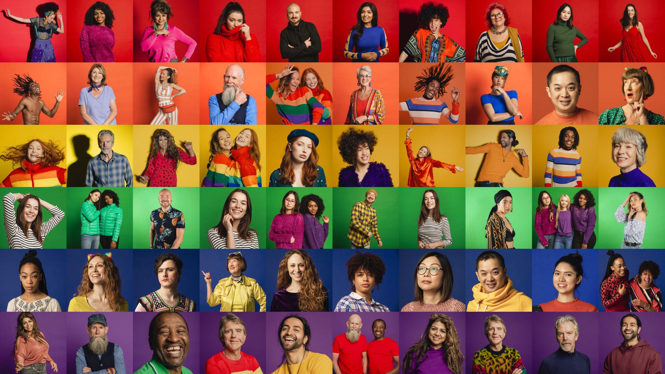 A collage of diverse individuals posing against colorful backgrounds.