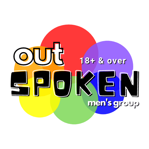 Logo of "outspoken men's group" with overlapping colored circles and a text indicating it is for adults over 18.