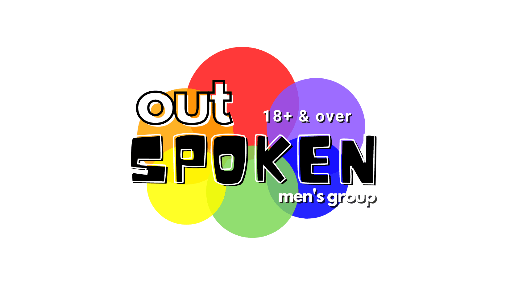 Logo of "outspoken men's group" with text overlaying multicolored circles.