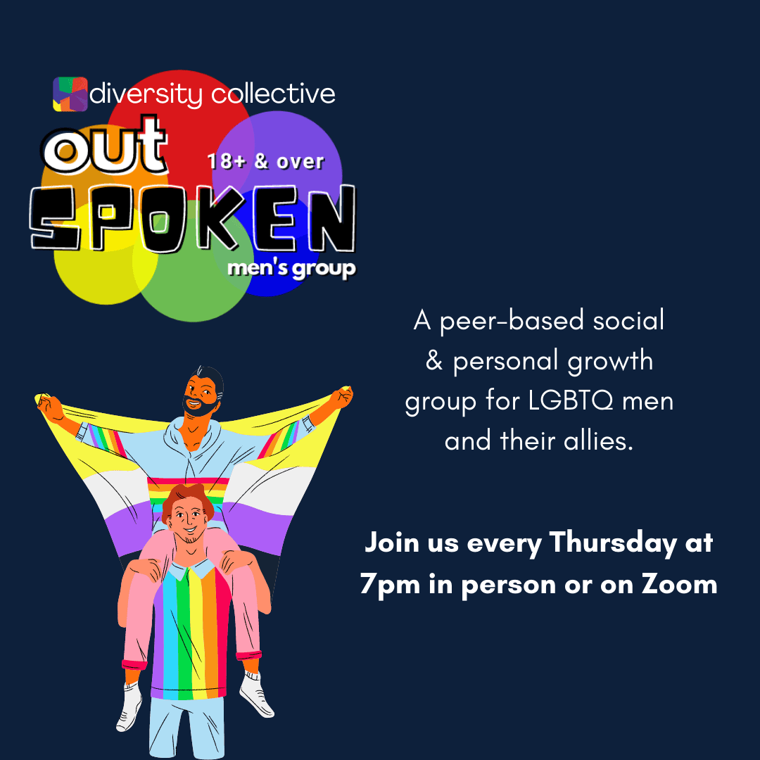 Promotional graphic for "outspoken," a weekly zoom meeting for the Men's Group, hosted by the diversity collective, focusing on adult LGBTQ men and allies.