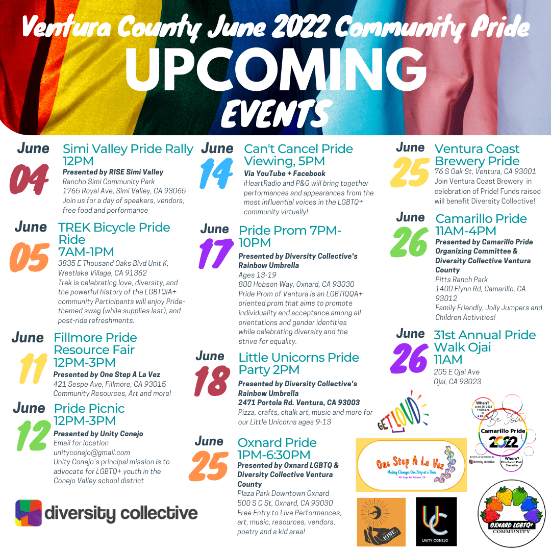 Colorful poster detailing the ventura county upcoming 2022 pride events schedule, featuring dates, times, and locations for various celebrations and gatherings.