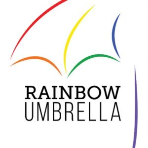 Logo featuring multicolored arcs above the words "rainbow umbrella," suggesting a stylized, colorful umbrella.