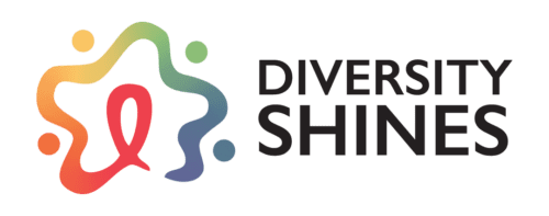 Graphic logo with the text "diversity shines" alongside an abstract design with multiple colors.