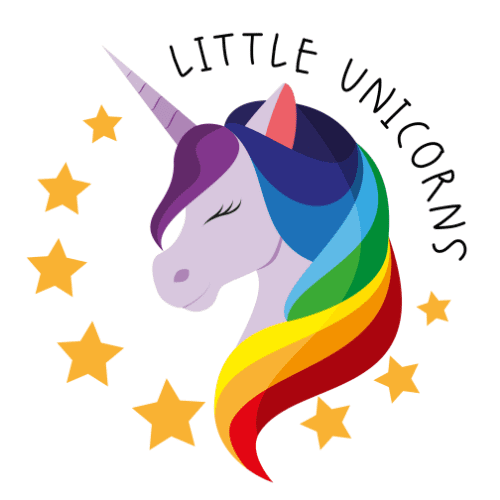 Graphic of a whimsical unicorn with a rainbow mane and the text "little unicorns" surrounded by stars.