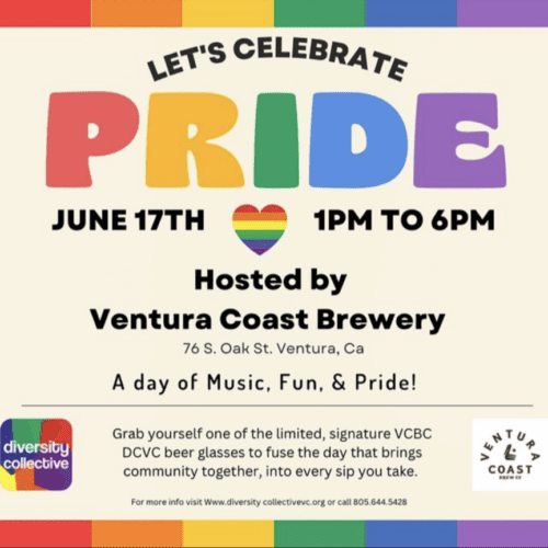 Rainbow-colored promotional poster for a pride celebration event on june 17th, hosted by ventura coast brewery.