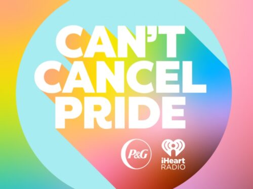Colorful logo of "can't cancel pride" event by p&g and iheartradio with a rainbow gradient background.