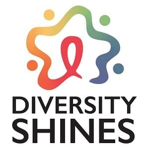 Graphic emblem symbolizing diversity with a colorful abstract shape and the slogan "diversity shines" below.