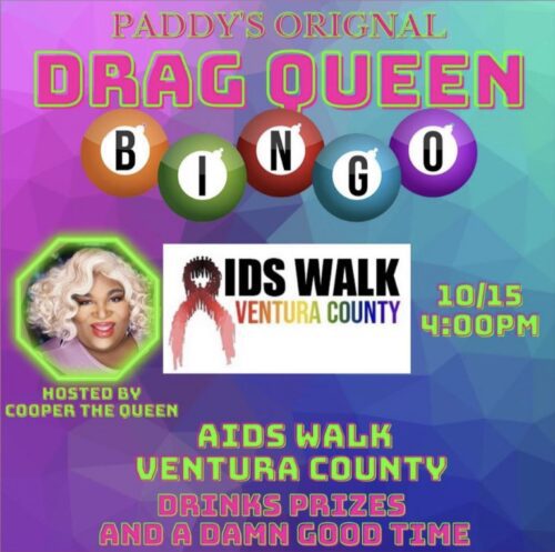 Paddy's original drag queen bingo event poster with hosting details, colorful design, and event highlights like aids walk ventura county, drink prizes, and entertainment.