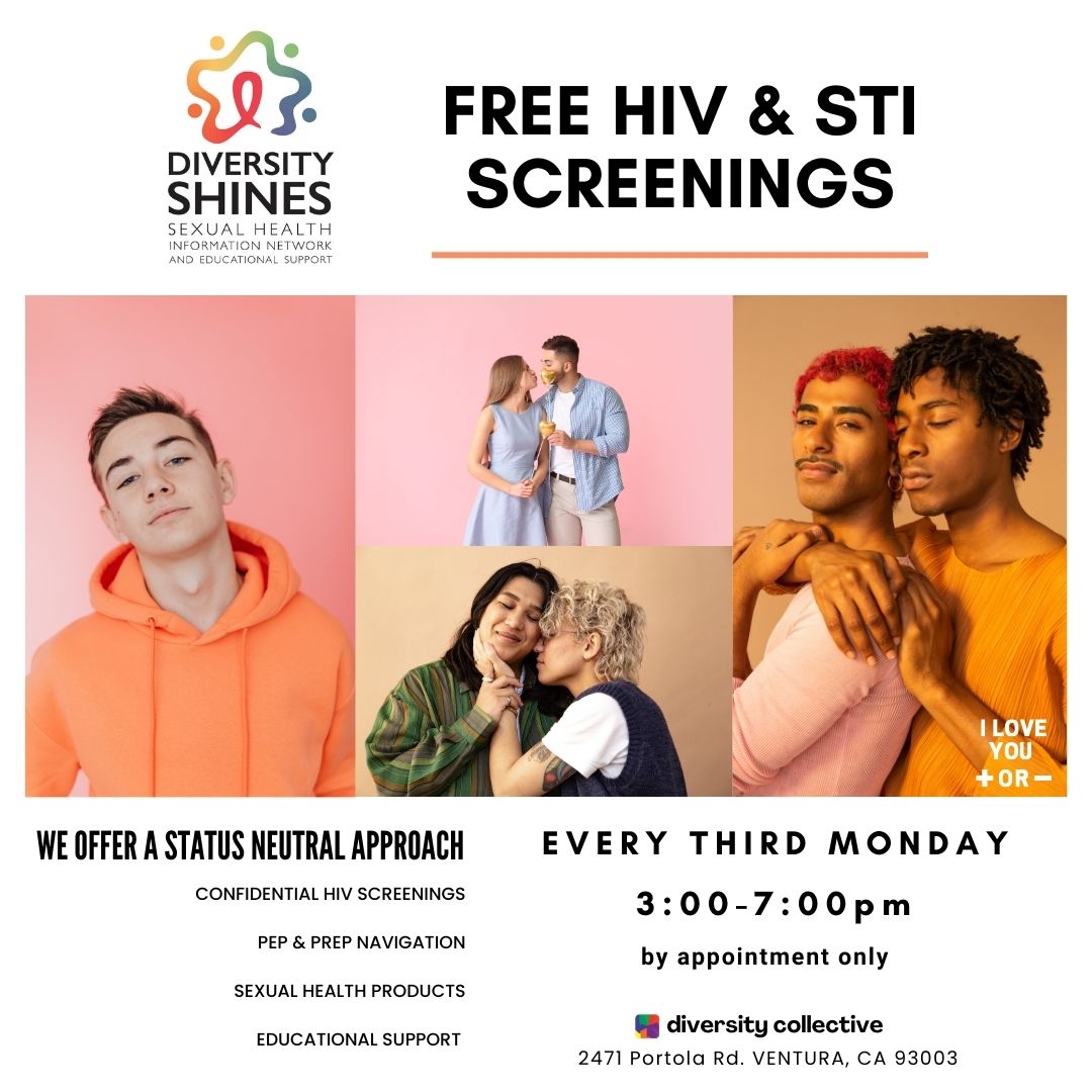 Health awareness flyer promoting free hiv and sti screenings with diverse individuals, emphasizing a status neutral approach and offering additional support services.