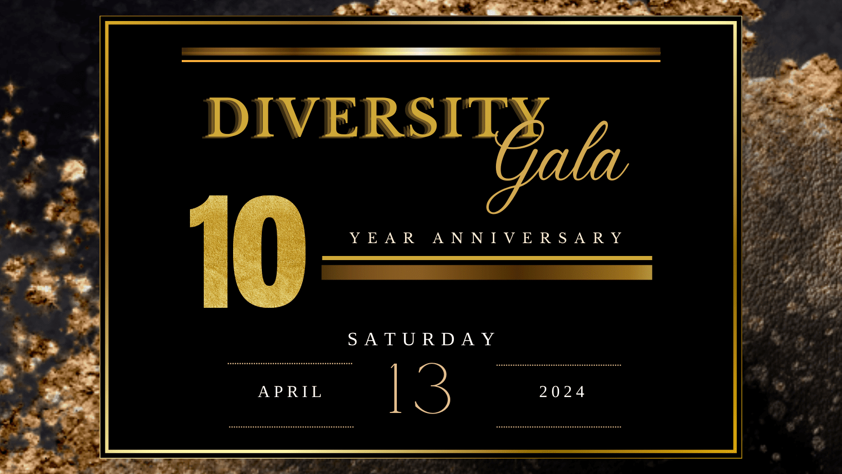 Elegant invitation for a 10th-year anniversary diversity gala event on saturday, april 13, 2024.