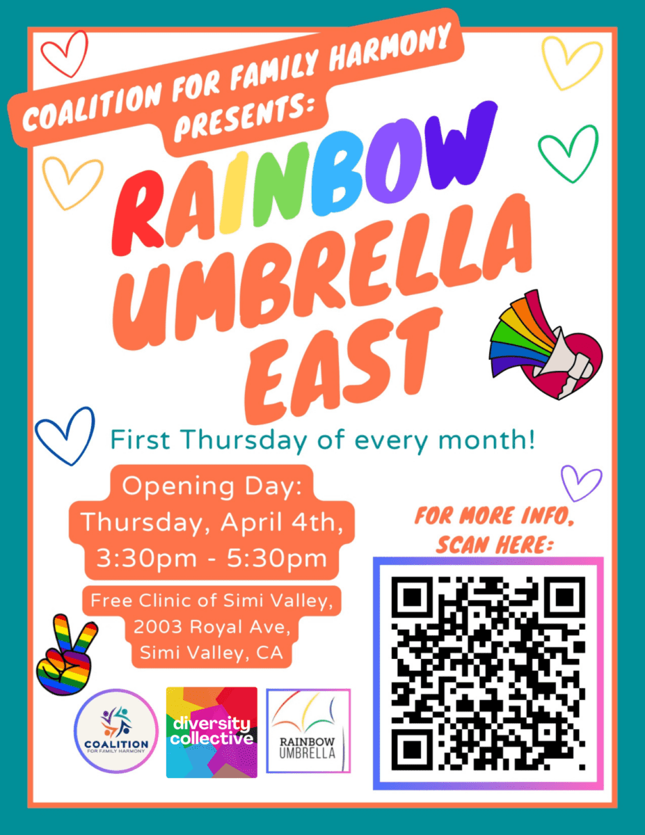 A colorful poster announcing the 'rainbow umbrella east' event by Diversity Collective and the Coalition for Family Harmony, to occur on the first Thursday of every month, with the next event on Thursday, April 4th, from 3:30 pm to 5:30 pm at free clinic of simi valley, ca, including a qr code for more information.