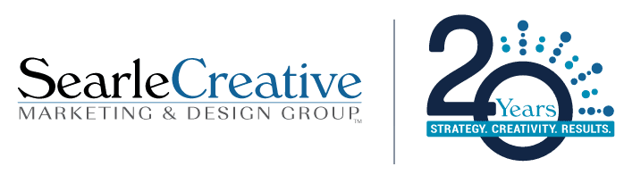 Two adjacent logos: "searle creative marketing & design group" on the left and an emblem celebrating 20 years with the words "strategy. creativity. results." on the right.