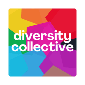 Graphic logo with colorful mosaic design and the text "diversity collective.