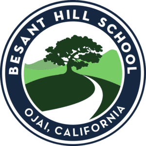 Circular emblem of besant hill school featuring a stylized tree and pathway, with the location ojai, california.