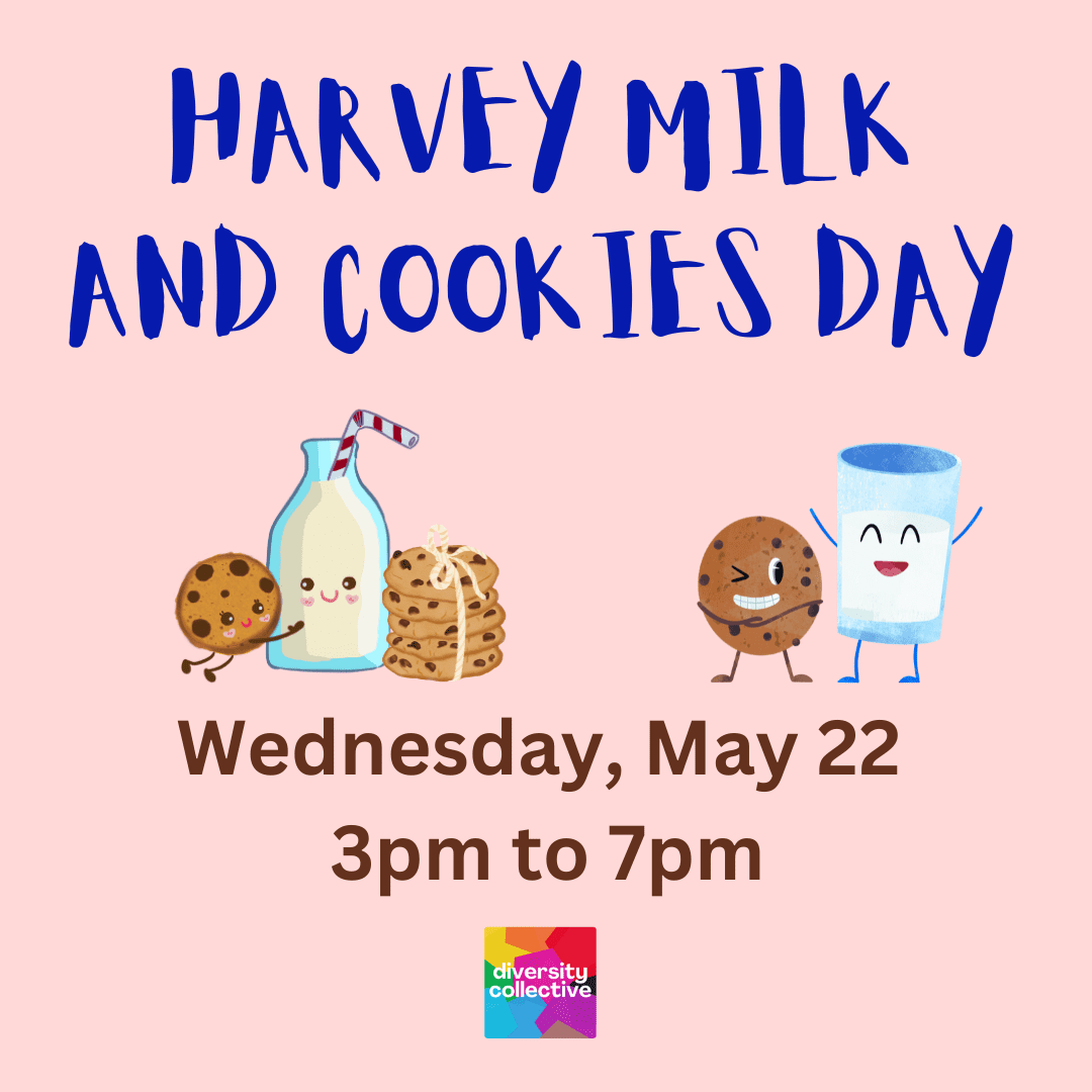 Illustrative poster featuring animated milk bottle, cookies, and glass announcing "harvey milk and cookies day" event details on a pink background.