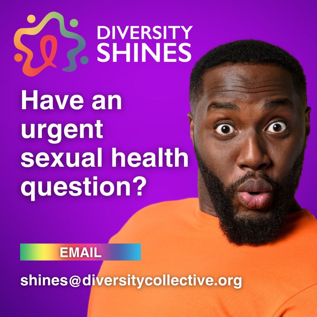 A surprised man in an orange shirt is in front of a purple background with text about contacting Diversity Shines for urgent sexual health questions via email.