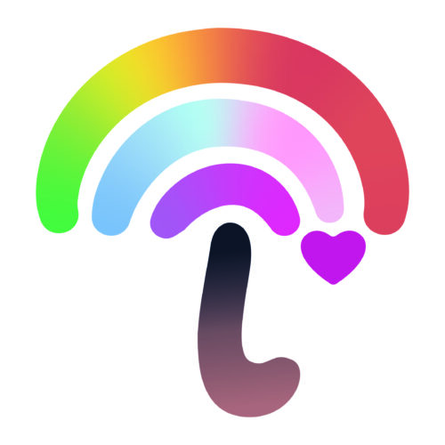 A stylized umbrella with a rainbow-colored canopy, a heart on the right side, and a gradient handle, symbolizing Youth Programs—all set against a clean white background.