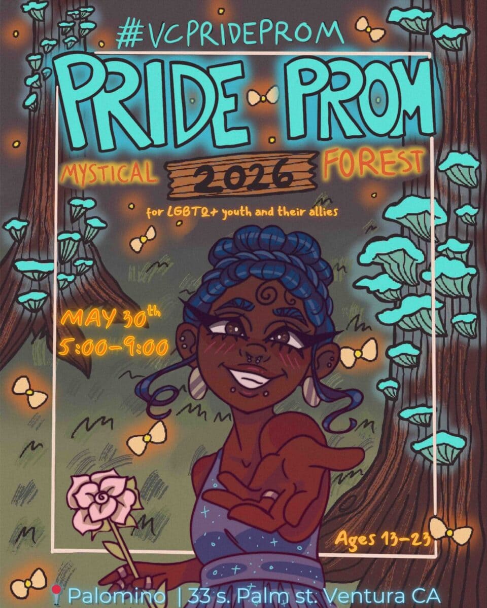 Colorful illustration of a smiling person with blue hair in a forest settin.