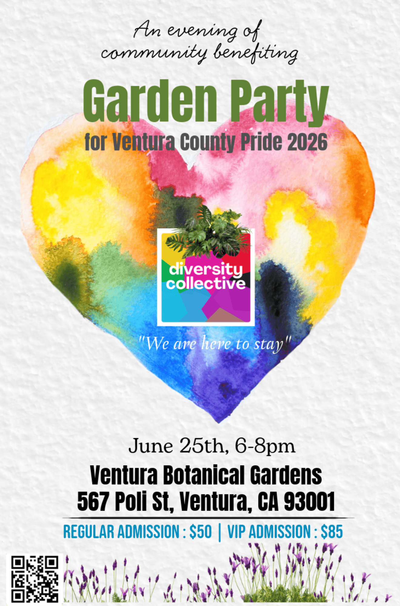 Colorful heart-shaped watercolor with event details for Garden Party.