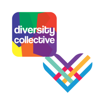 A colorful graphic featuring the text "diversity collective" alongside a heart symbol composed of intersecting lines in various colors.