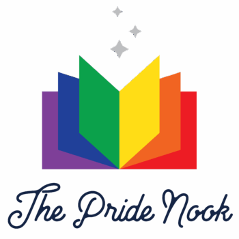 A logo of an open book with rainbow-colored pages and sparkles above it, accompanied by the text "The Pride Nook" in cursive at the bottom.