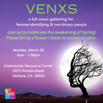 A poster for a venx gathering event featuring a silhouette of a tree that resembles a human profile against a full moon, aimed at femme-identifying and non-binary individuals, with event details included.