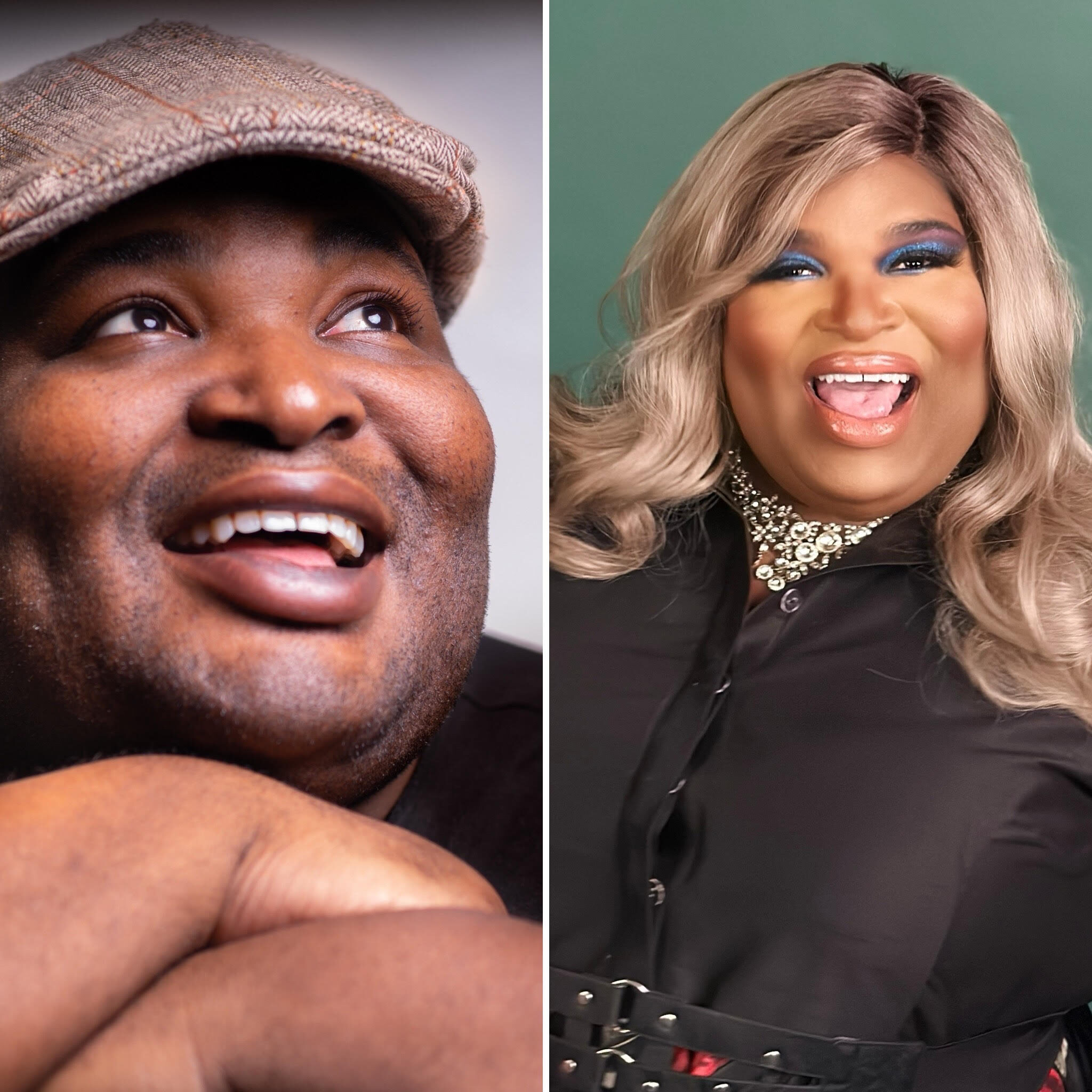 Two people smiling for a portrait, one wearing a flat cap and the other with glamorous makeup and a black outfit.