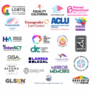 Logos of various organizations including Equality California, ACLU, Planned Parenthood, and others focused on LGBTQ+, legal, health, and community services.