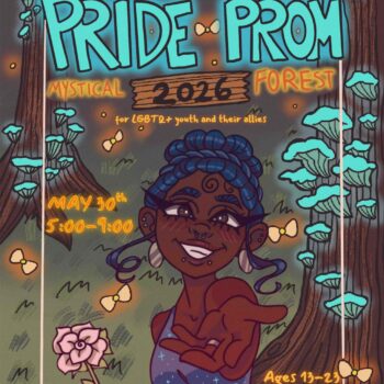 Colorful illustration of a smiling person with blue hair in a forest settin.