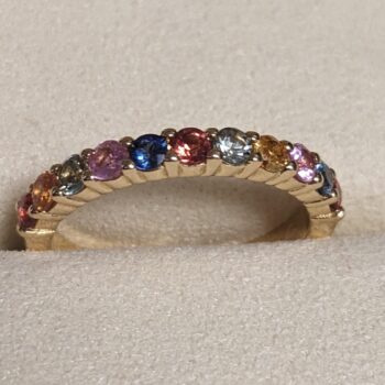 A gold ring set with a row of multicolored gemstones.